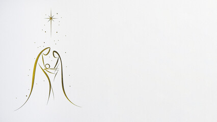 A minimalist nativity scene with a golden outline, including the star of Bethlehem and the figures of the Virgin Mary, Joseph and baby Jesus, rendered in a plain, white background. Copy space, 16:9.