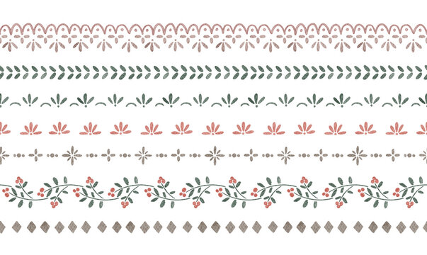 Watercolor seamless borders for christmas decor. Traditional folk ornaments, holiday festive vintage background.