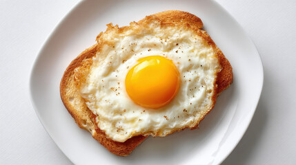 Gerösteter Toast mit Spiegelei auf weißem Teller von oben