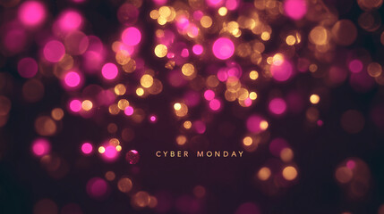 Сyber Monday glowing banner — elegant digital background with golden and magenta bokeh lights, perfect for online shopping, e-commerce sales, and holiday promotions.	