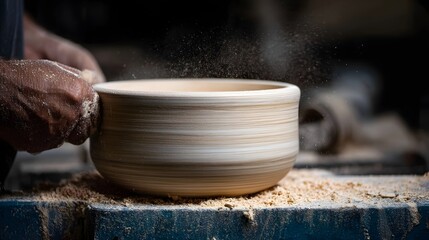 A craftsman shapes a ceramic bowl on a lathe with dust flying