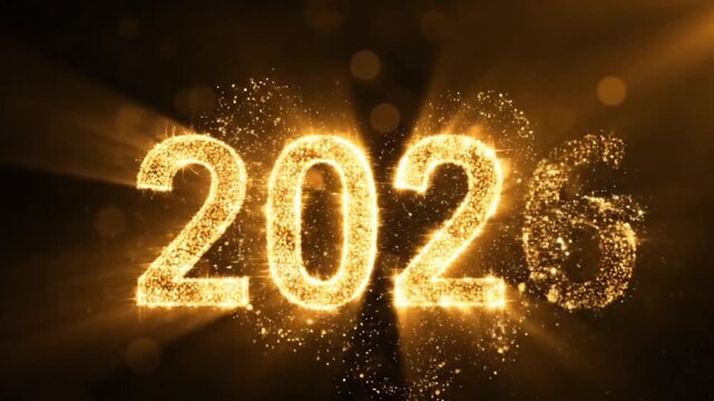 Golden Happy New Year 2026 text slowly appearing in the night sky as bright fireworks explode behind it,