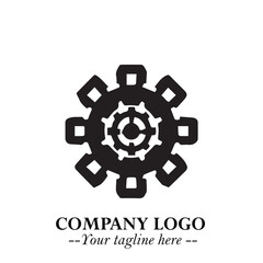 Classic Gear Logo Symbol Black and White Illustration with Modern Industrial Minimal Design
