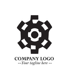 Classic Gear Logo Symbol Black and White Illustration with Modern Industrial Minimal Design
