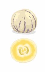 Fresh Round Pepino melon fruit half sliced issolated on white 