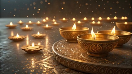 Golden Diwali Diya Lamps with Glowing Mystical Lighting V8