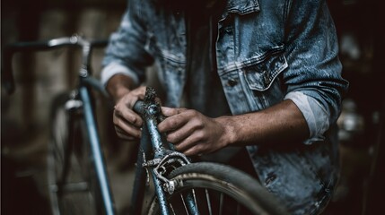 Hands meticulously working on the intricate components of a vintage bicycle in a rustic workshop