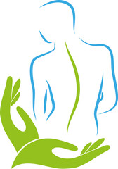 Person, Frau und Hände, Chiropraktiker, Orthopädie und Massage Logo, Icon	