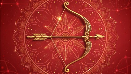 Intricate Golden Bow and Arrow on Red Mandala Background V8