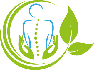 Zwei Hände und Person, Orthopädie, Physiotherapie und Massage Logo, Hintergrund 