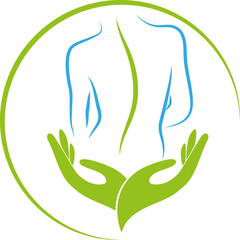 Zwei Hände und Person, Orthopädie, Physiotherapie und Massage Logo, Hintergrund 