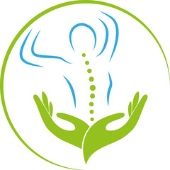 Zwei Hände und Person, Orthopädie, Physiotherapie und Massage Logo, Hintergrund 