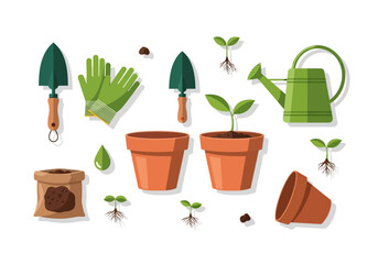 Gardening tools  plants trowels gloves pots watering can  sprouts