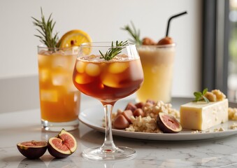 Refreshing iced tea and fruit cocktails with cheese and fig platter on marble table
