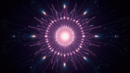 Fototapeta premium Mesmerizing symmetrical neon pattern with radiant pink and blue hues in dark space