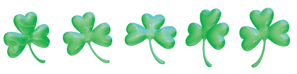 Collection of realistic 3D shamrock icons in different positions. Clover leafs features a smooth, glossy surface with soft highlights and natural curvature. High-quality vector, isolated.