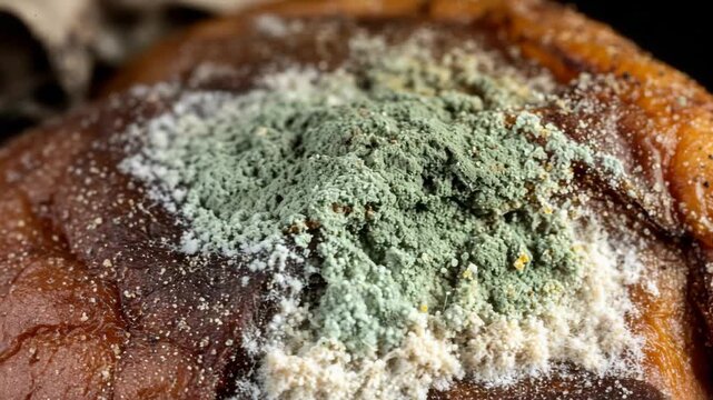 Moldy bread with green and white fungus on a dark background  