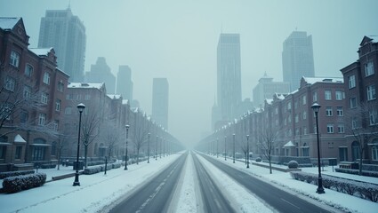 Snow-covered urban street with symmetrical architecture and skyscrapers in foggy winter morning