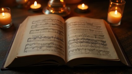 Open sheet music book with lit candles on wooden table in soft light
