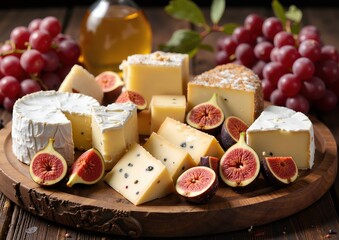 Assorted cheeses with figs and grapes on wooden board in rustic setting