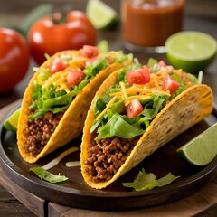 Two appetizing crunchy tacos filled with seasoned ground beef lettuce and tomato