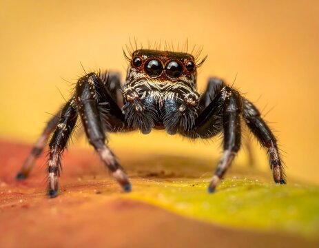 Close-up macro of a small black and brown spider with large eyes - Powered by Adobe
