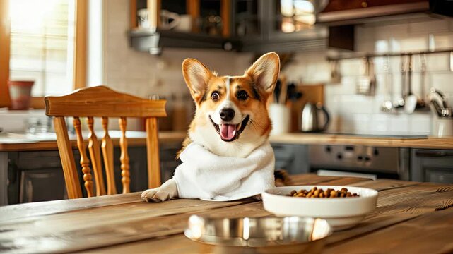 A cheerful dog wearing a bib sits at the table, eagerly looking at its food bowl in a bright kitchen filled with natural light