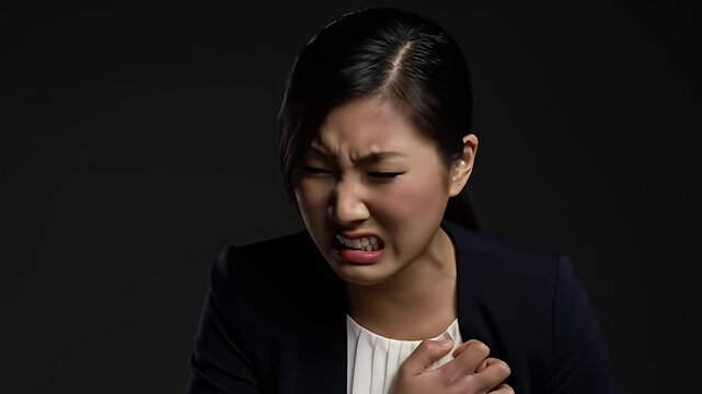Asian Professional Woman Experiencing Severe Chest Pain Heart Attack Symptoms or Acute Discomfort Female Feeling Unwell Clasping Her Chest in Agony