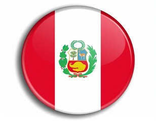 Fototapeta premium Peru Flag Button with Coat of Arms on White Background