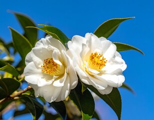 Close-up of two blooming white flowers against a bright blue sky