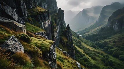 Majestic Rocky Cliff and Misty Mountain Landscape Panoramic View V8