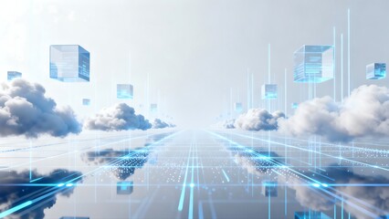 Fototapeta premium Reflective Digital Cloud Path with Glowing Data Cubes