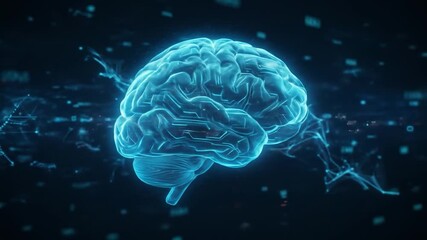 Glowing blue brain with digital connections and data streams in dark - Powered by Adobe