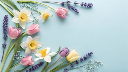A delightful spring arrangement featuring tulips, daffodils, lavender, and babys breath, creating a fresh and vibrant floral display on a soft blue background