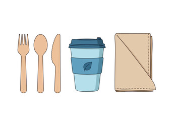 Ecofriendly utensils wood fork spoon knife blue reusable cup with leaf  tan napkin
