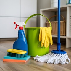 Household cleaning supplies including a mop bucket brush spray bottle and gloves for domestic chores