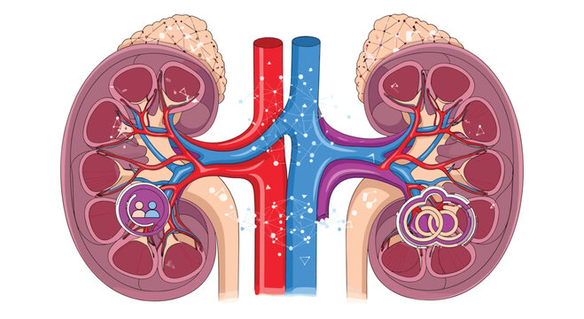 Anatomical illustration of human kidneys with interconnected blood vessels, adorned with abstract network patterns and symbolic icons representing health and data.