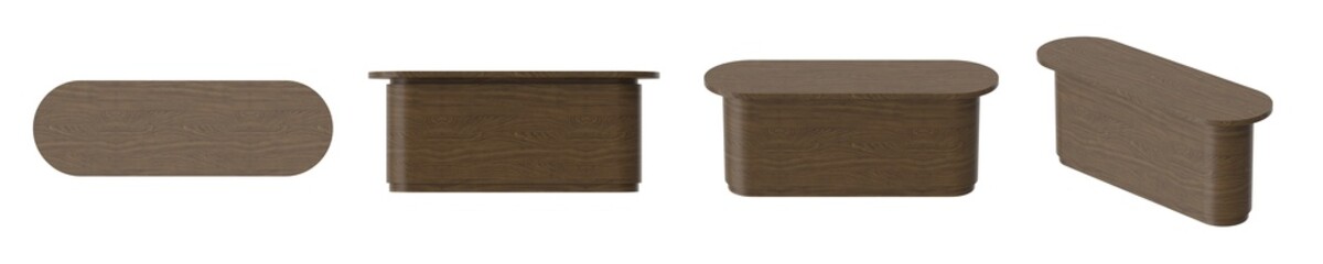 Wooden coffee table in various perspectives against a white background