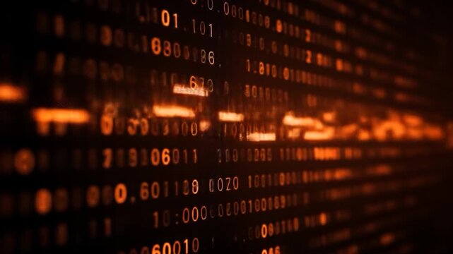 Digital stream of orange binary code on dark background, abstract data flow