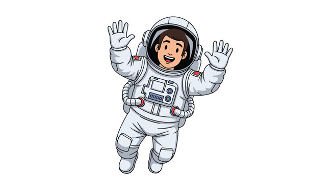 A cartoon astronaut waving happily in space, a whimsical illustration of a person in a spacesuit floating with outstretched arms, smiling cheerfully in zero gravity environment.