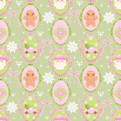 Pink Green Christmas Frames Seamless Pattern - Cute Santa Gingerbread Car Vintage Ornate Background Digital Paper Holiday Design
