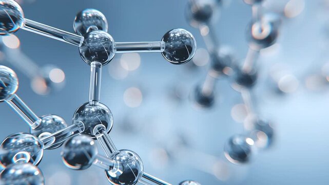 Complex, interconnected structure of carbon based molecules on a sleek blue background. Molecular atoms, intricate chemical bonds details. Scientific innovation research in modern context. Close-up