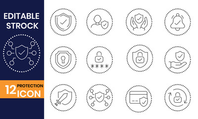Vector art of collection of protection icons representing security measures and safety protocols, editable stroke, , ensuring safety and security