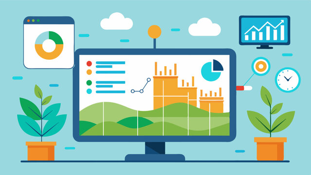 A data management dashboard displays realtime updates on crop growth and soil moisture levels assisting farmers in making more efficient irrigation decisions.. Vector illustration