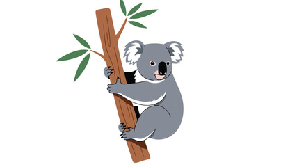 Naklejka premium Cute cartoon koala climbing a tree branch with green leaves, isolated on white backdrop, perfect for nature or animal illustrations and designs.