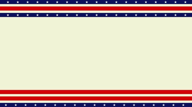 Animation beige backdrop with redstriped, american flag frame, blue star accents for cartoon projects, backgrounds, website banners, or childrens illustrations.