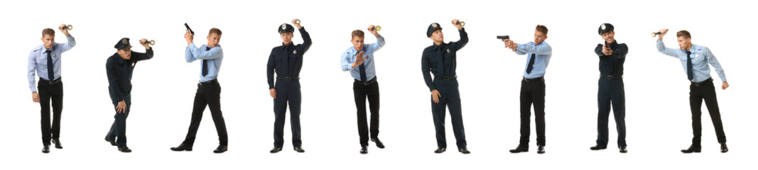 Policeman in uniform on white background. Collage of different portraits