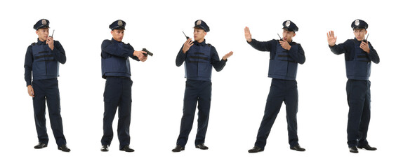 Policeman in uniform on white background. Collage of different portraits