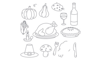 Thanksgiving Vector Elements collection featuring turkey, pumpkin, pie, corn, and festive icons. Perfect for seasonal greetings, holiday posters, invitations, and fall-themed design projects.