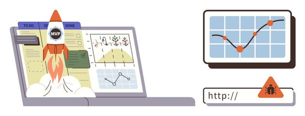 Rocket launching from task board on laptop, progress chart, and bug warning beside web URL. Ideal for innovation, startup, development, teamwork, analysis, problem-solving simple flat metaphor